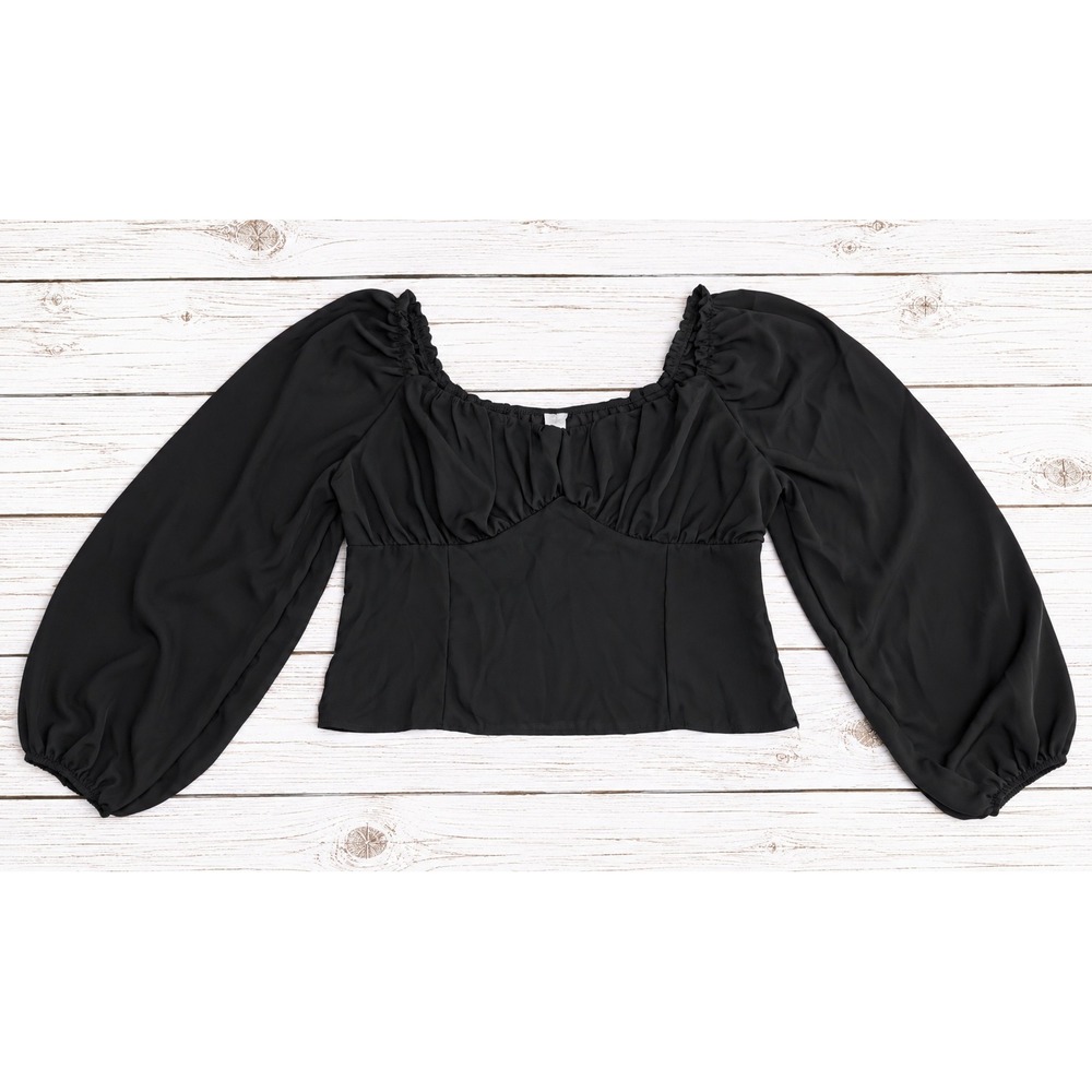 Abound Top Balloon Sleeve Ruched Bust Black Chiffon Boho Romantic Goth 1X NWT